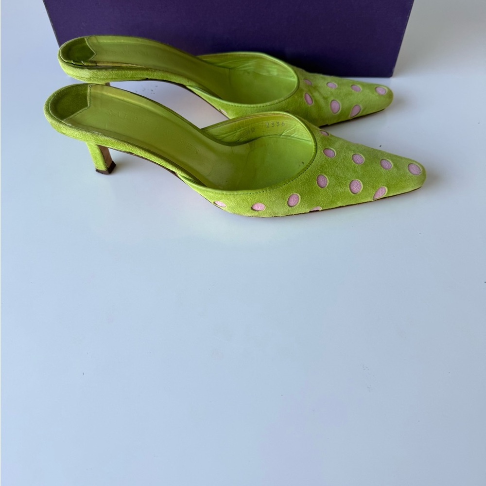 Ralph Lauren Lime Green Mules with Pink Polka Dots size -7 PREOWNED - Picture 2 of 6